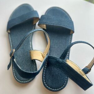 Blue Denim and Cream Sandals with Single Strap and Flexible Sole